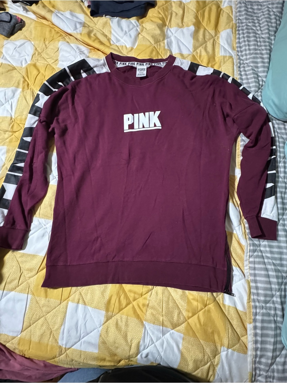 Victoria's Secret PINK Maroon Sweatshirt with Black & White Stripe Sleeves